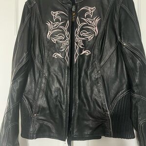 Women's Black Leather Jacket with Pink Embroidery
